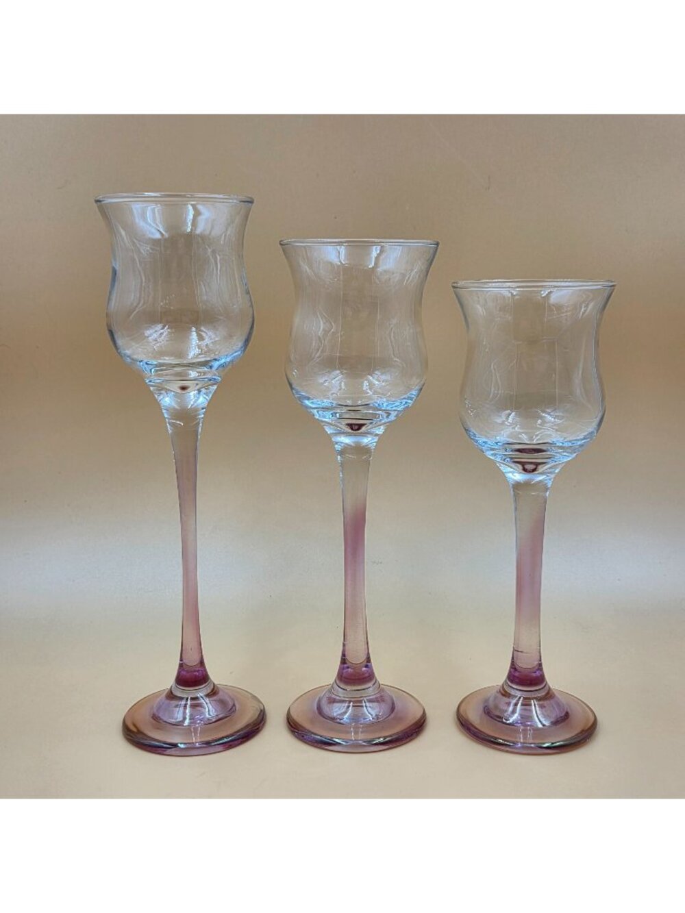 Vintage Pink Iridescent Stemmed Glass Candleholder Set Graduated Trio - Picture 1 of 5